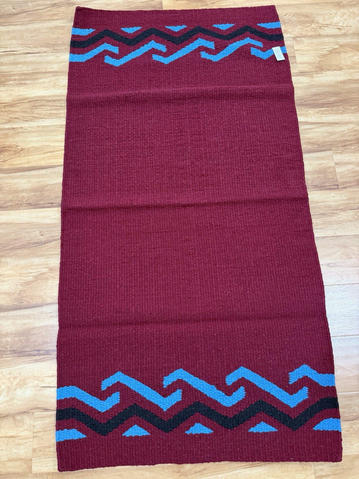 New Handwoven Southwestern Area Rug 33×64 Burgundy Blue Geometric Made in India