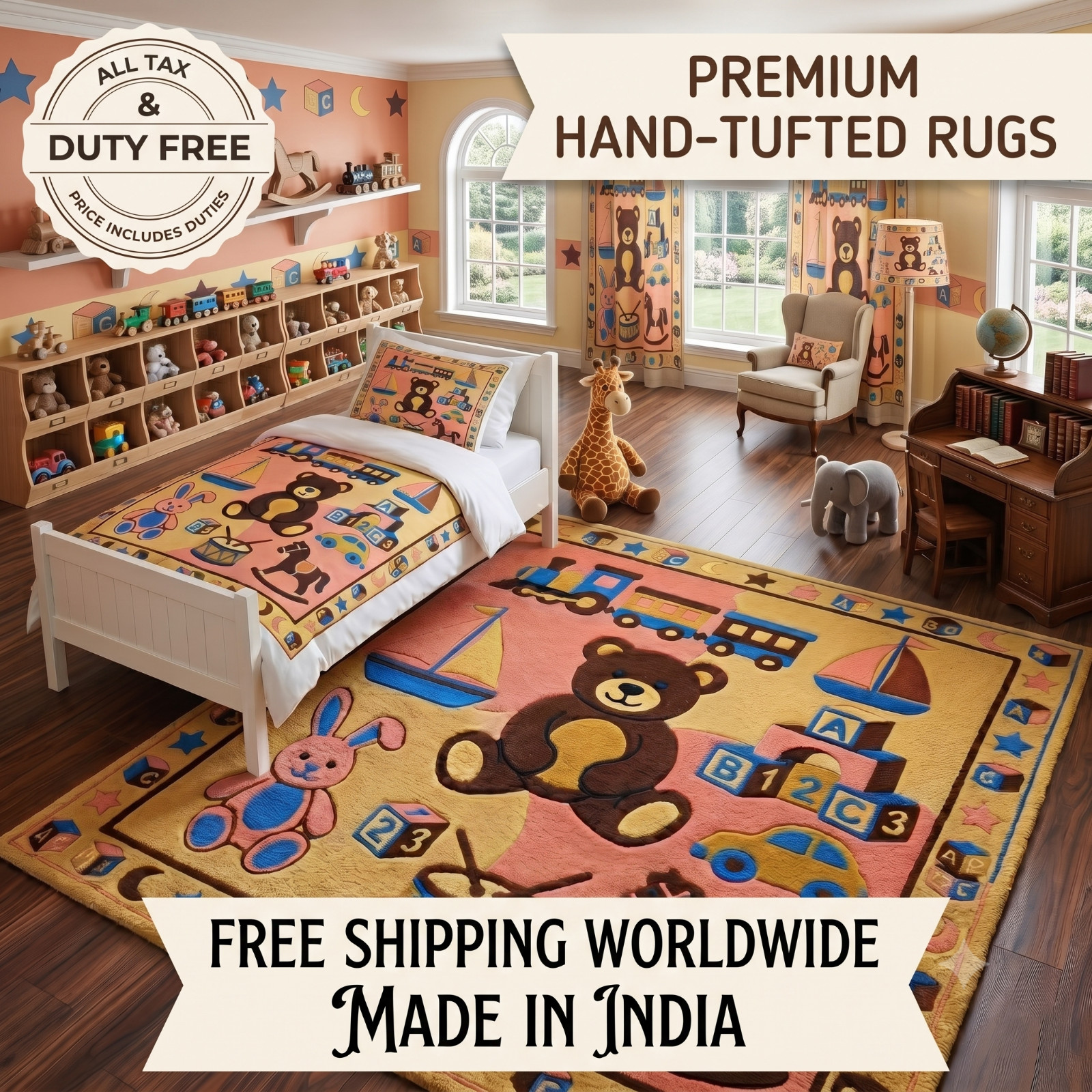 9×12 Hand Tufted Wool Area Rug | Designer Kids Nursery & Playroom Carpet