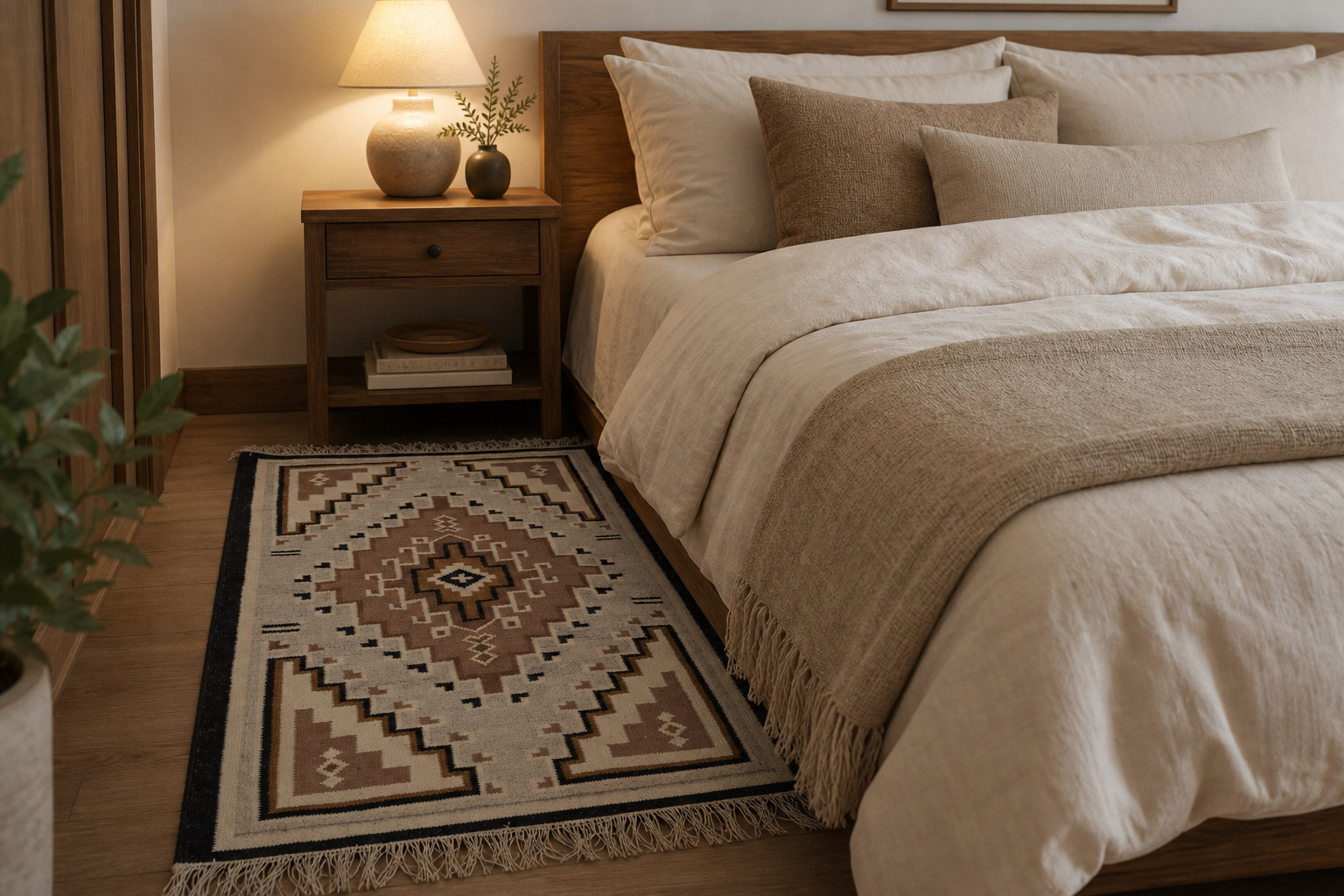 Navajo Medallion Kilim Rug Handwoven Ivory Brown Southwestern Wool Flatweave