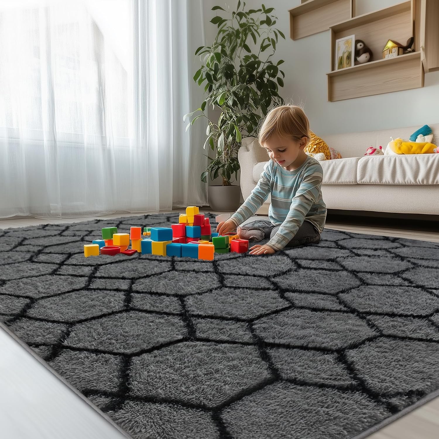 Fluffy Rug for Bedroom Living Room, 4×6 Grey and Black Soft Area Rug, Machine Wa