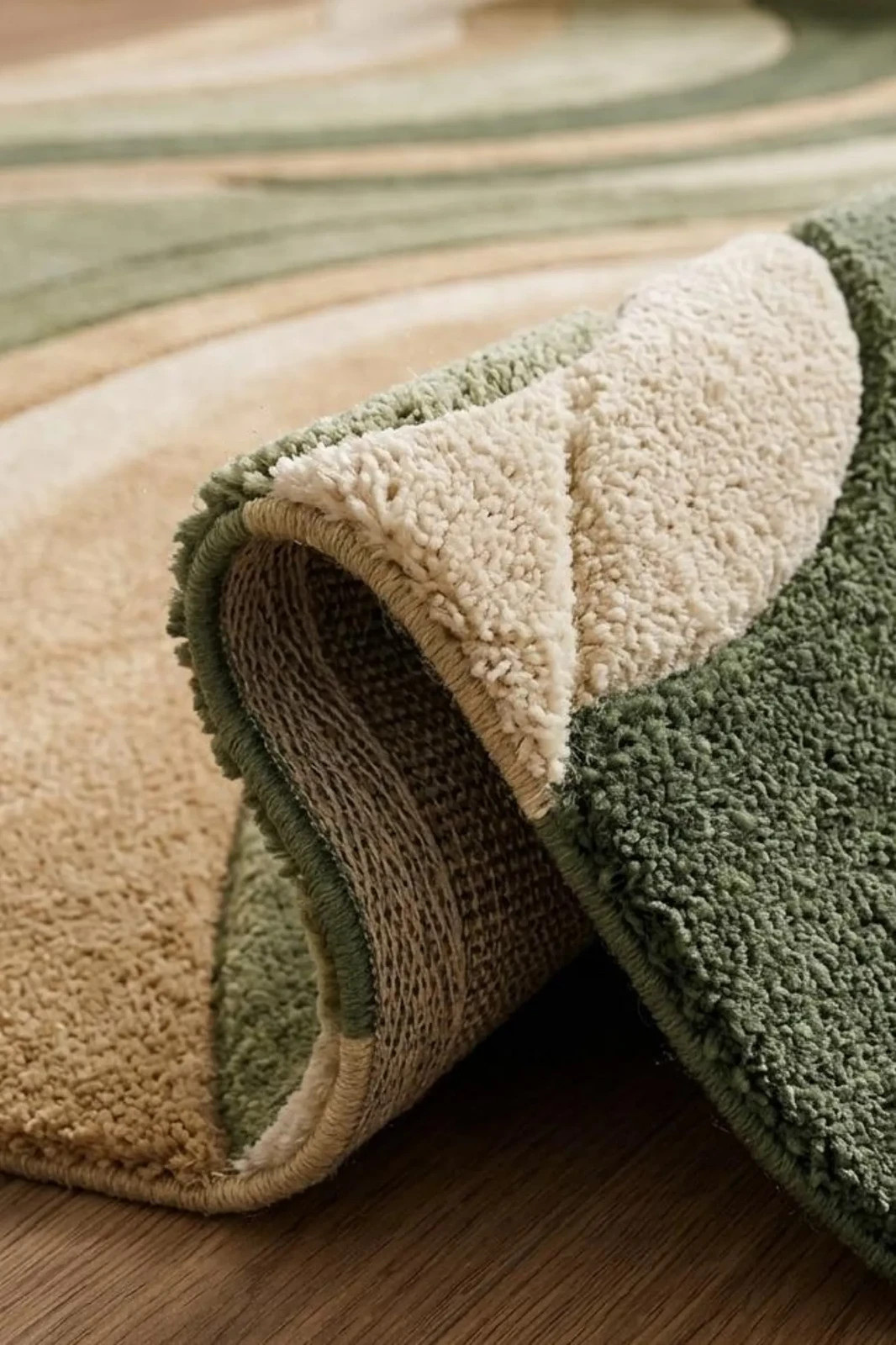 Hand Tufted Wavy Abstract Rug, 3D Sculpted, Sage Green Beige Wool, Handmade