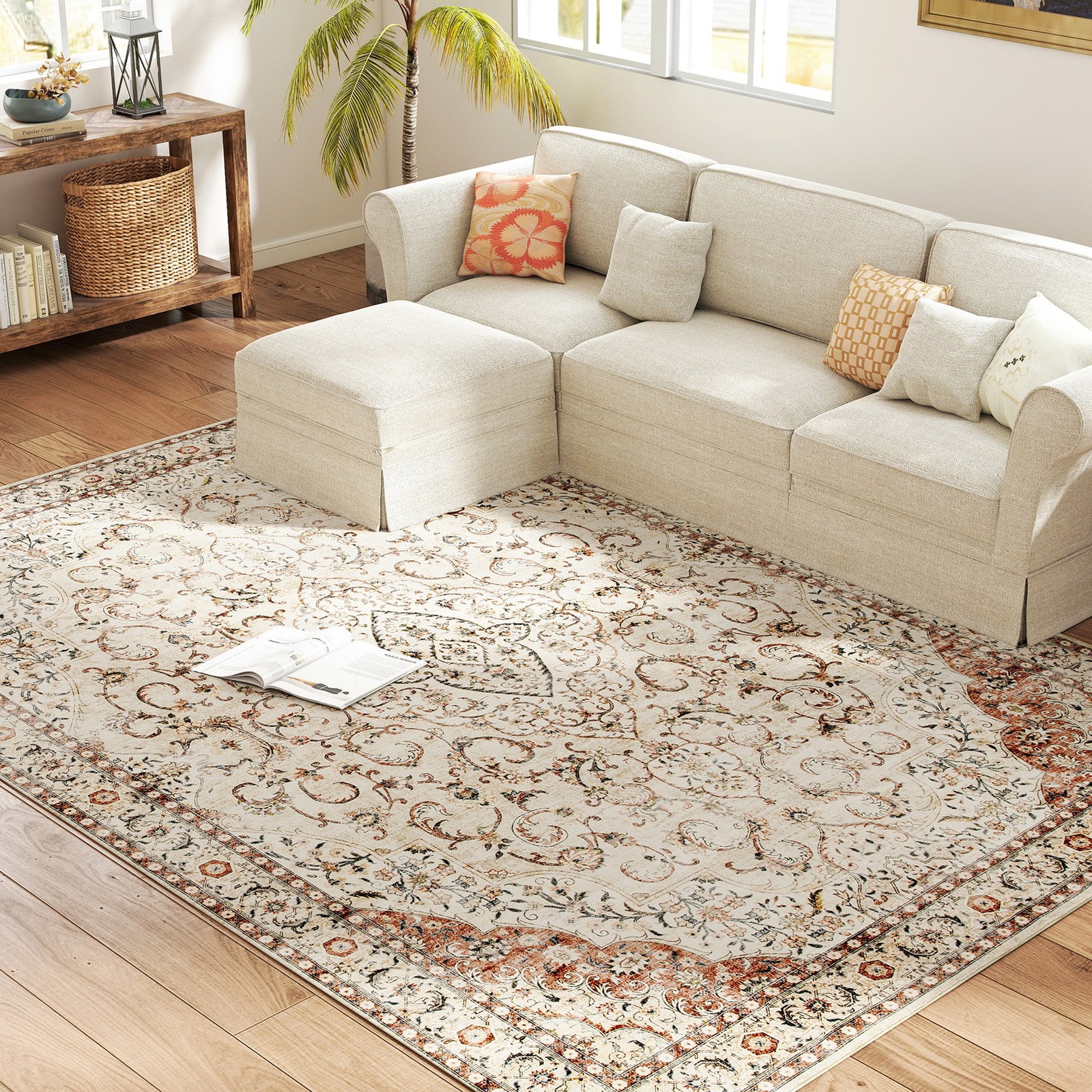 HOMCOM Machine Washable Area Rug 8×10, Non-Slip Floor Carpet, Mixed-Brown