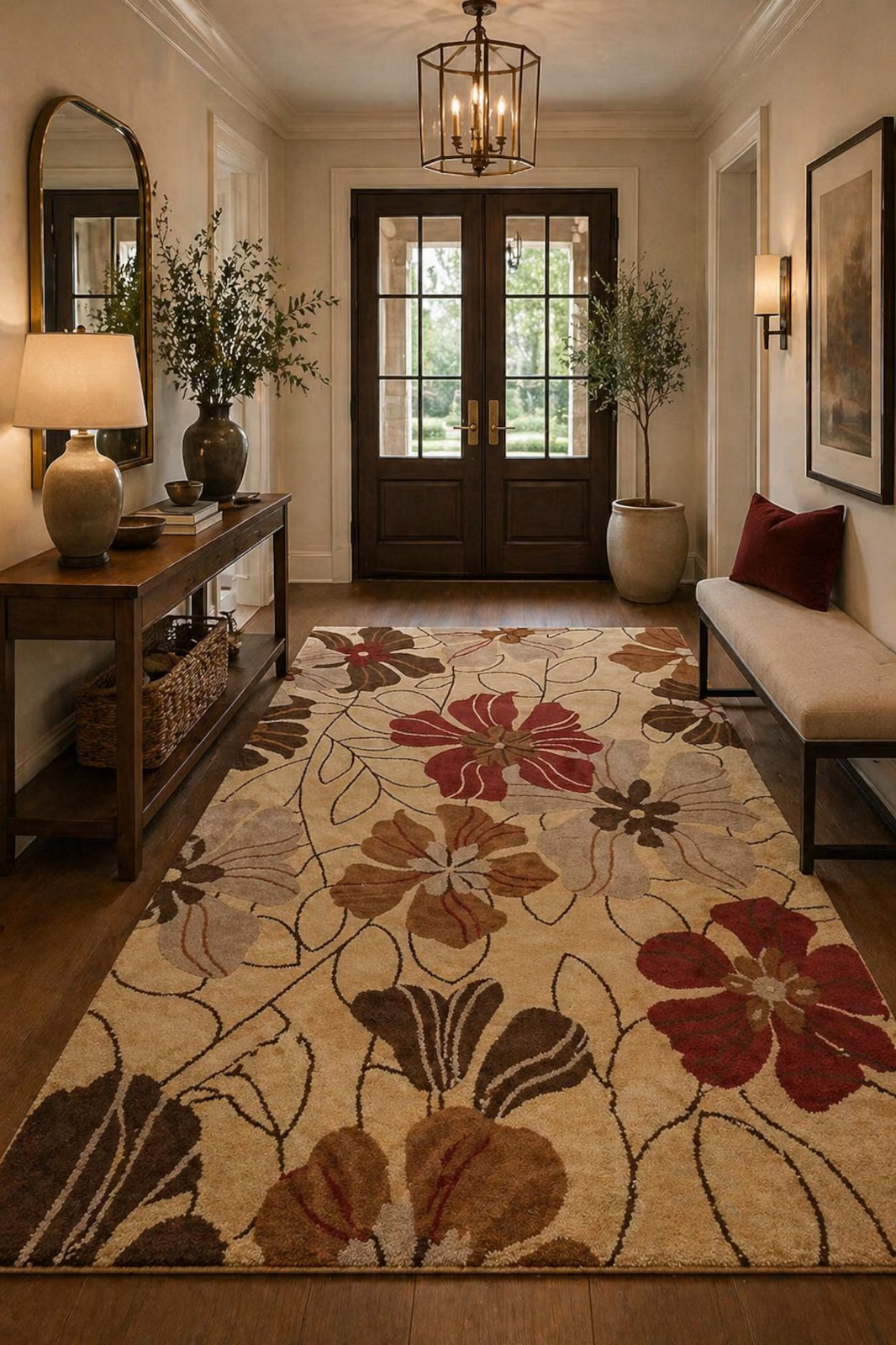 Hand Tufted Floral Wool Rug, Beige Burgundy Botanical Area 5×8 Design Carpet Rug