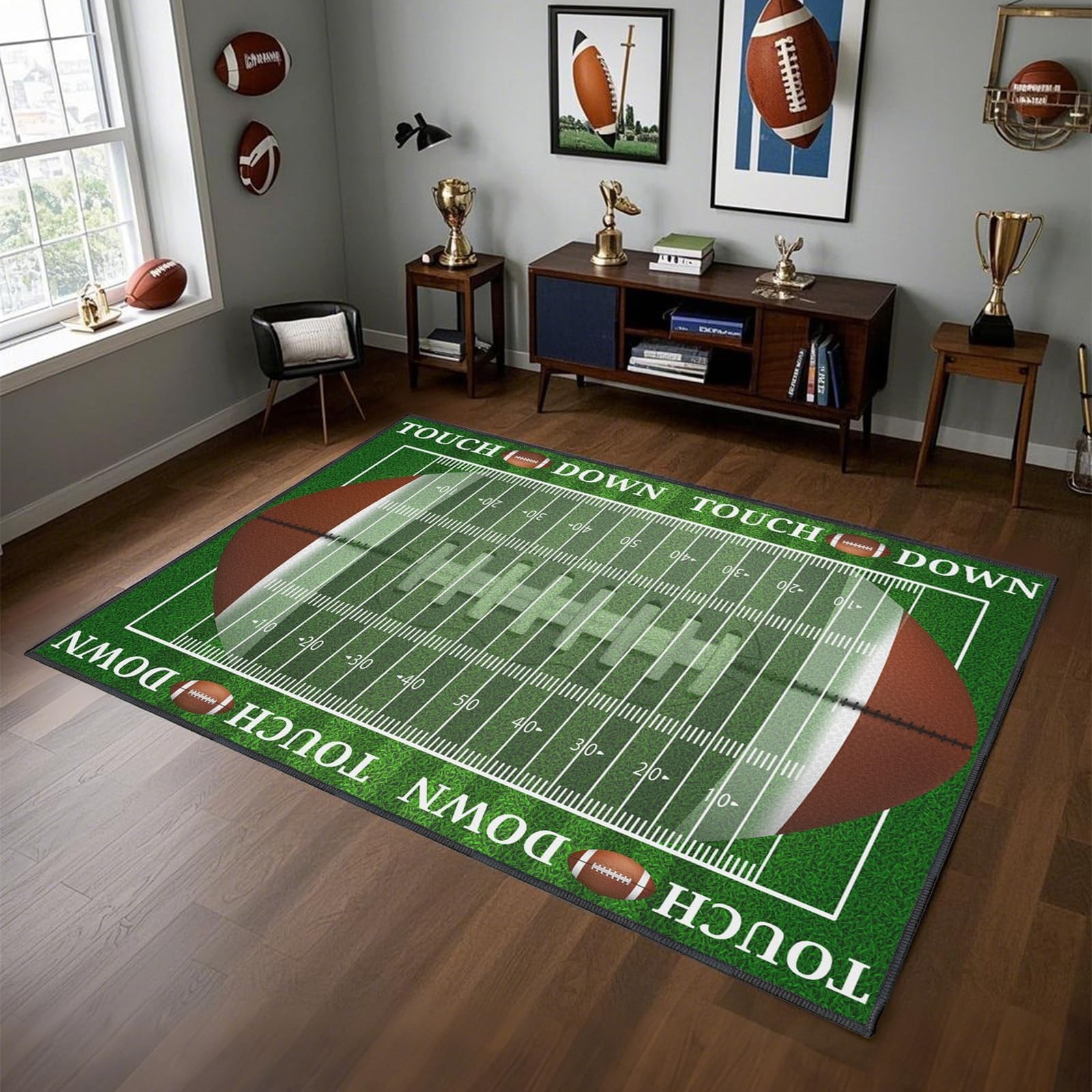 Football Field Area Rug 5’X7′ Non-Slip Sports Decor for Bedroom & Living Room
