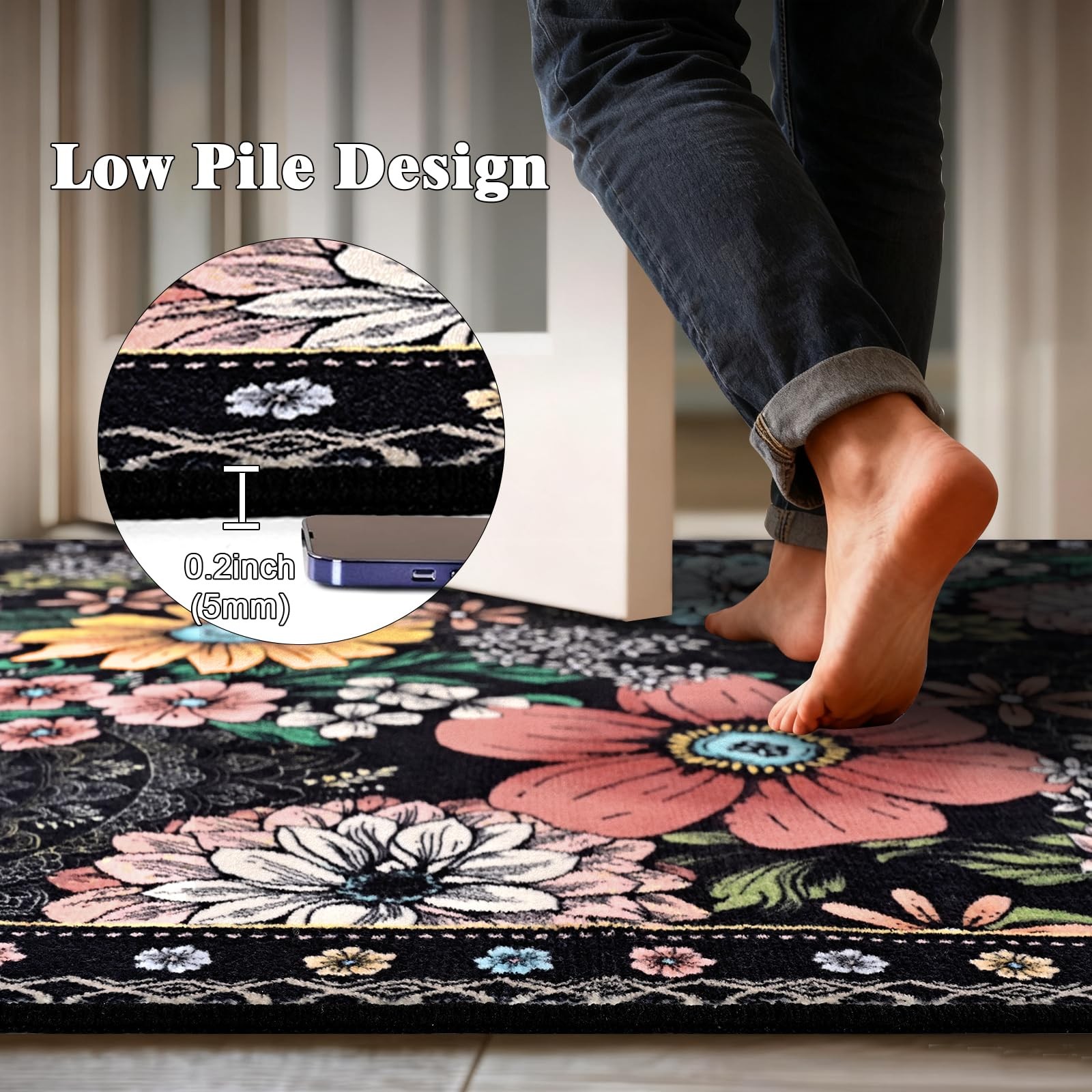 Door Mat 2×3 Non Slip Black Floral Rug for Entryway – Washable Boho Design