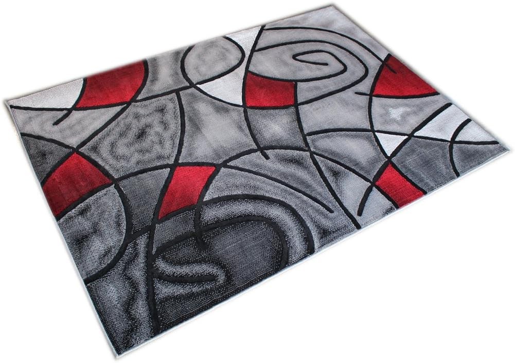 Modern Contemporary Area Rug, Red Grey Black. (8 Feet X 10 Feet)