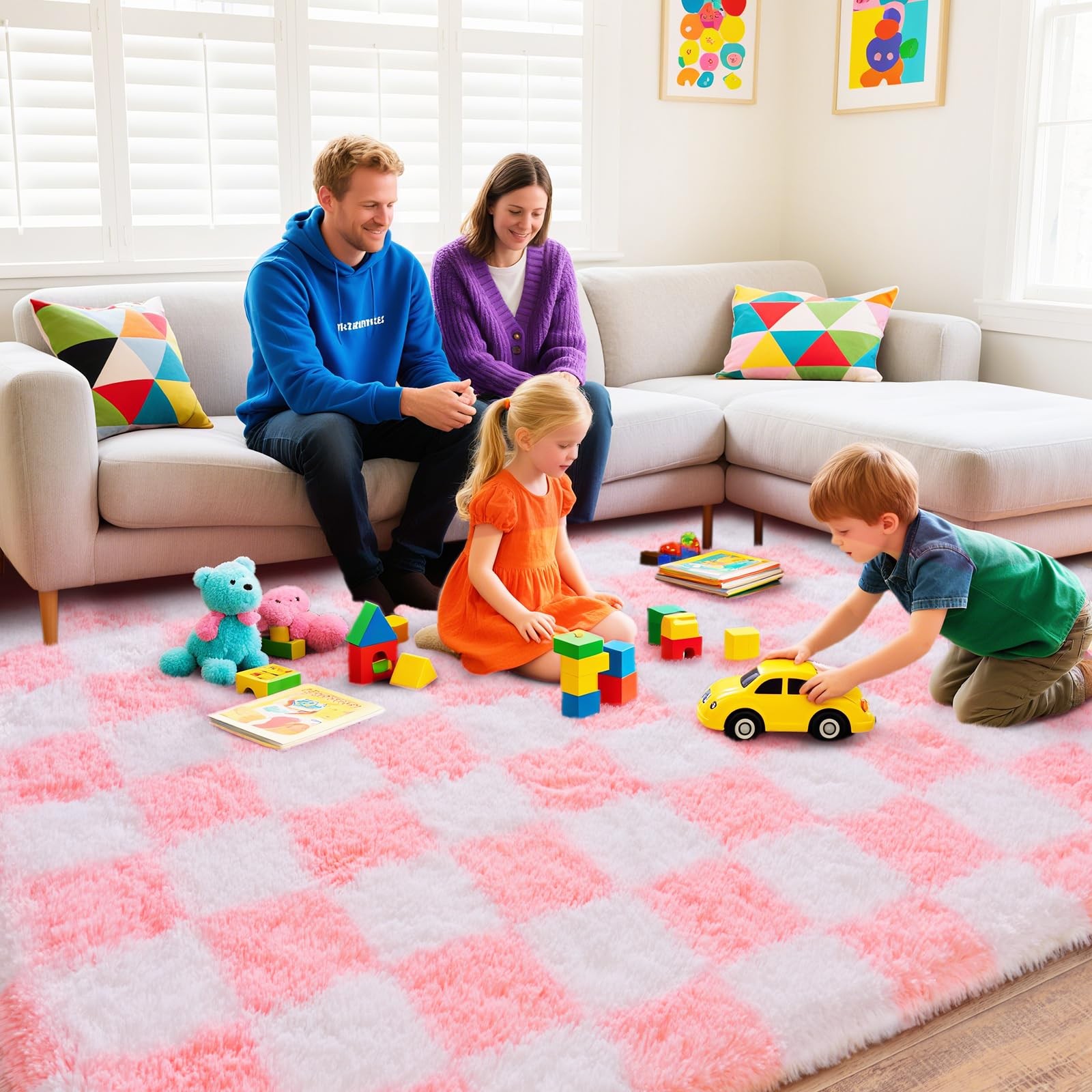 Quntue Checkered Rugs For Bedroom Ultra Fluffy Fuzzy Shag Area Rug For Living