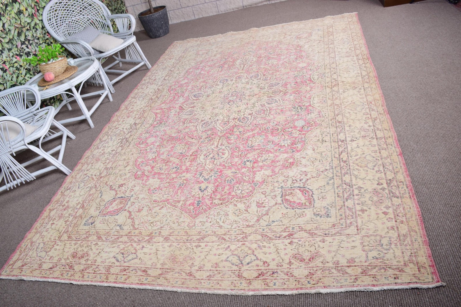 Vintage Turkish Rug, 7,2×10,6 ft Rug, Pink Blue Bordered Rug