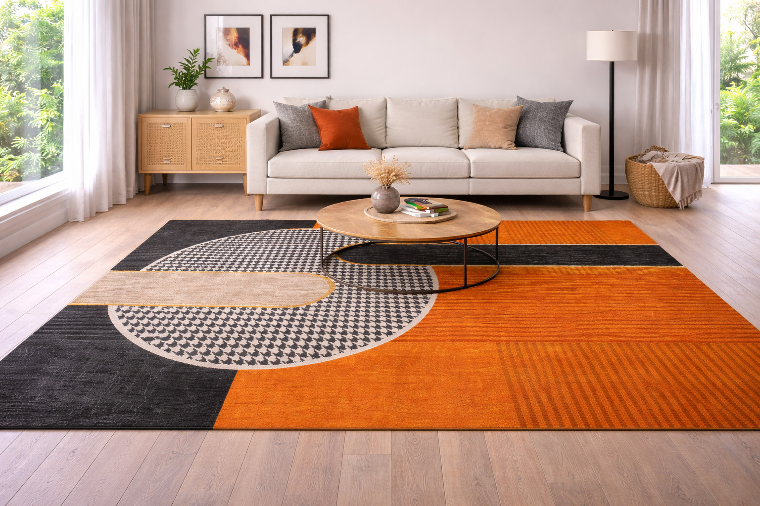 Modern Geometric Rug Orange Black White 5×7 Indoor Non Slip Area Rug