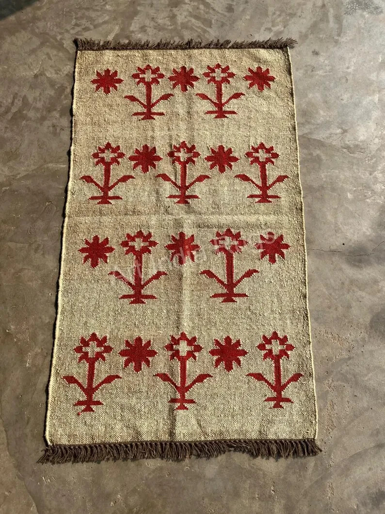 Woven Red Flower Wool Jute Kilim Rug Southwestern Kilim Rug Aztec Rug Indian