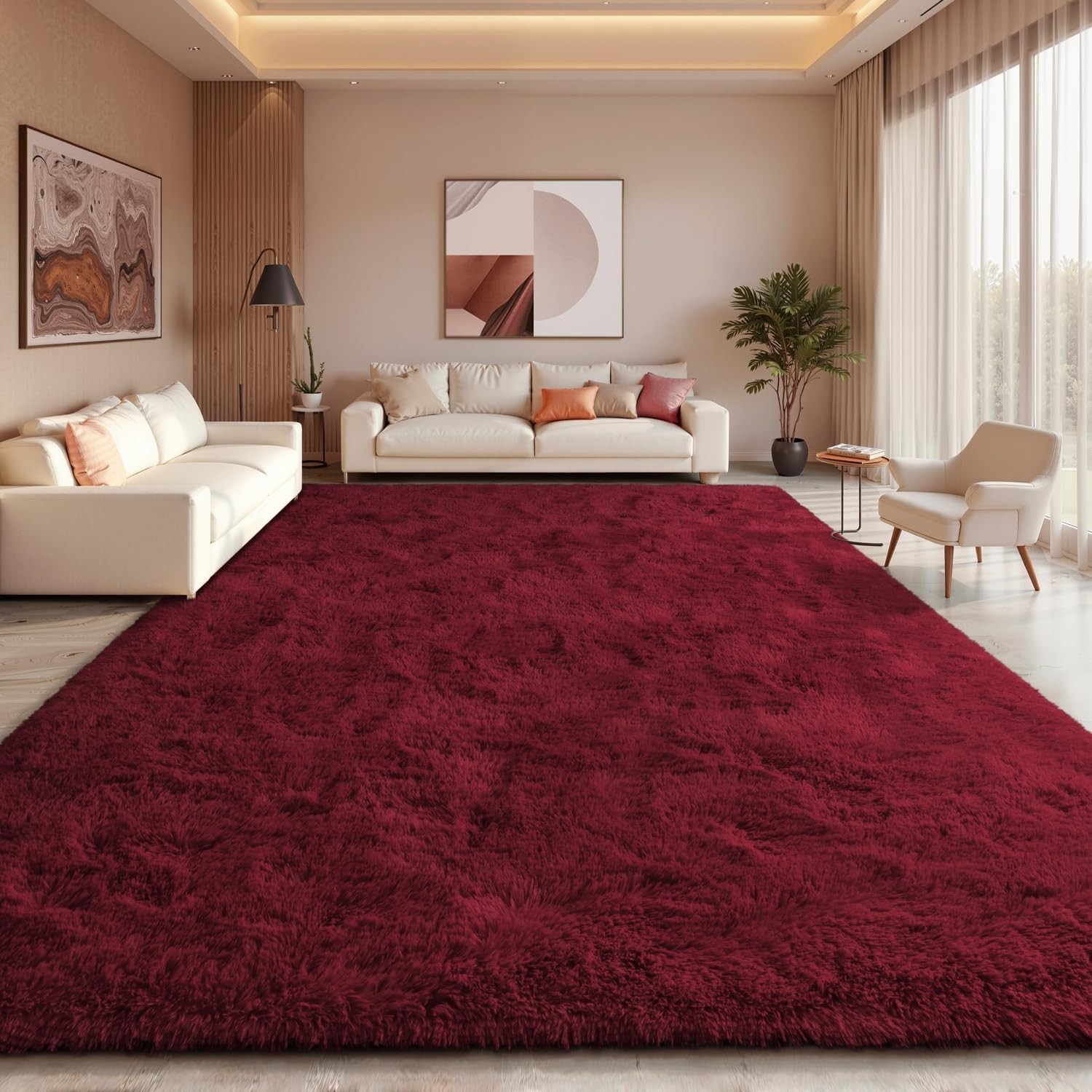 Fluffy Area Rugs Burgundy Soft Plush Shaggy Carpet for Living Room Bedroom Floor