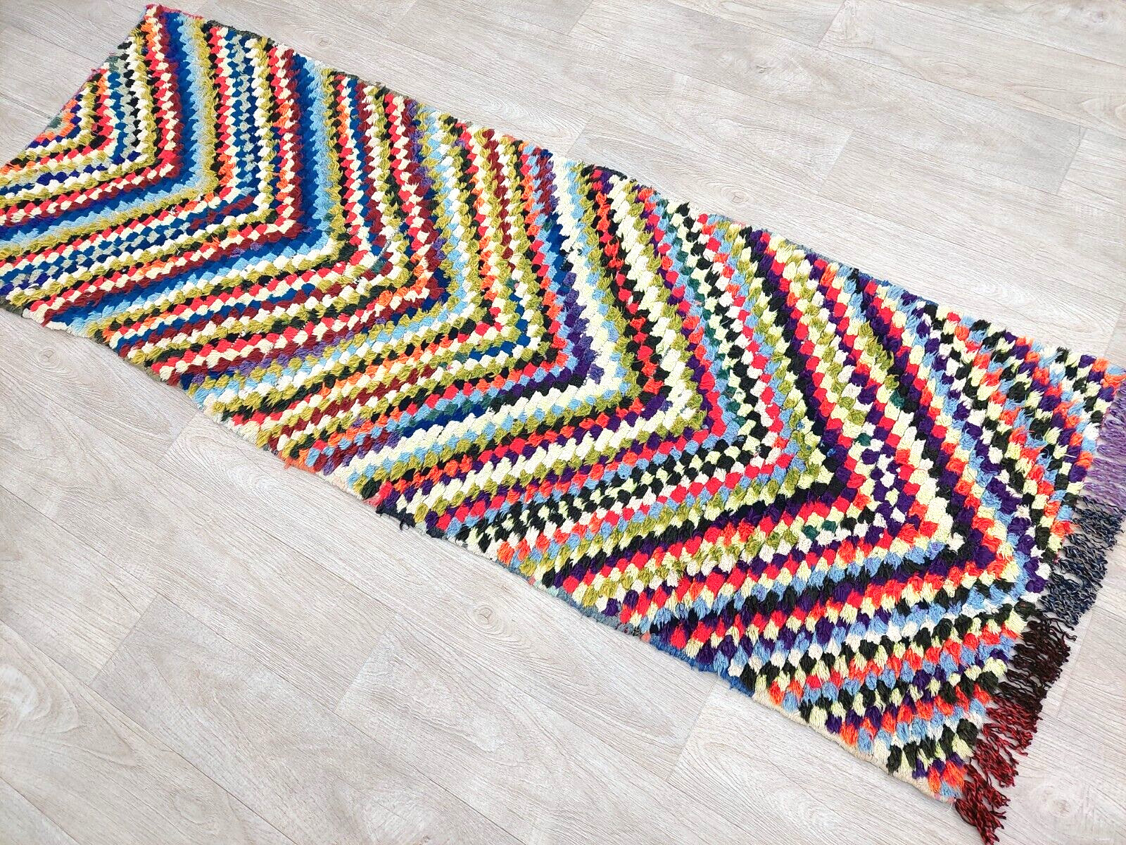 Vintage Moroccan Checkered Runner Rug 2×7 Colorful Geometric Handmade Tribal Rug