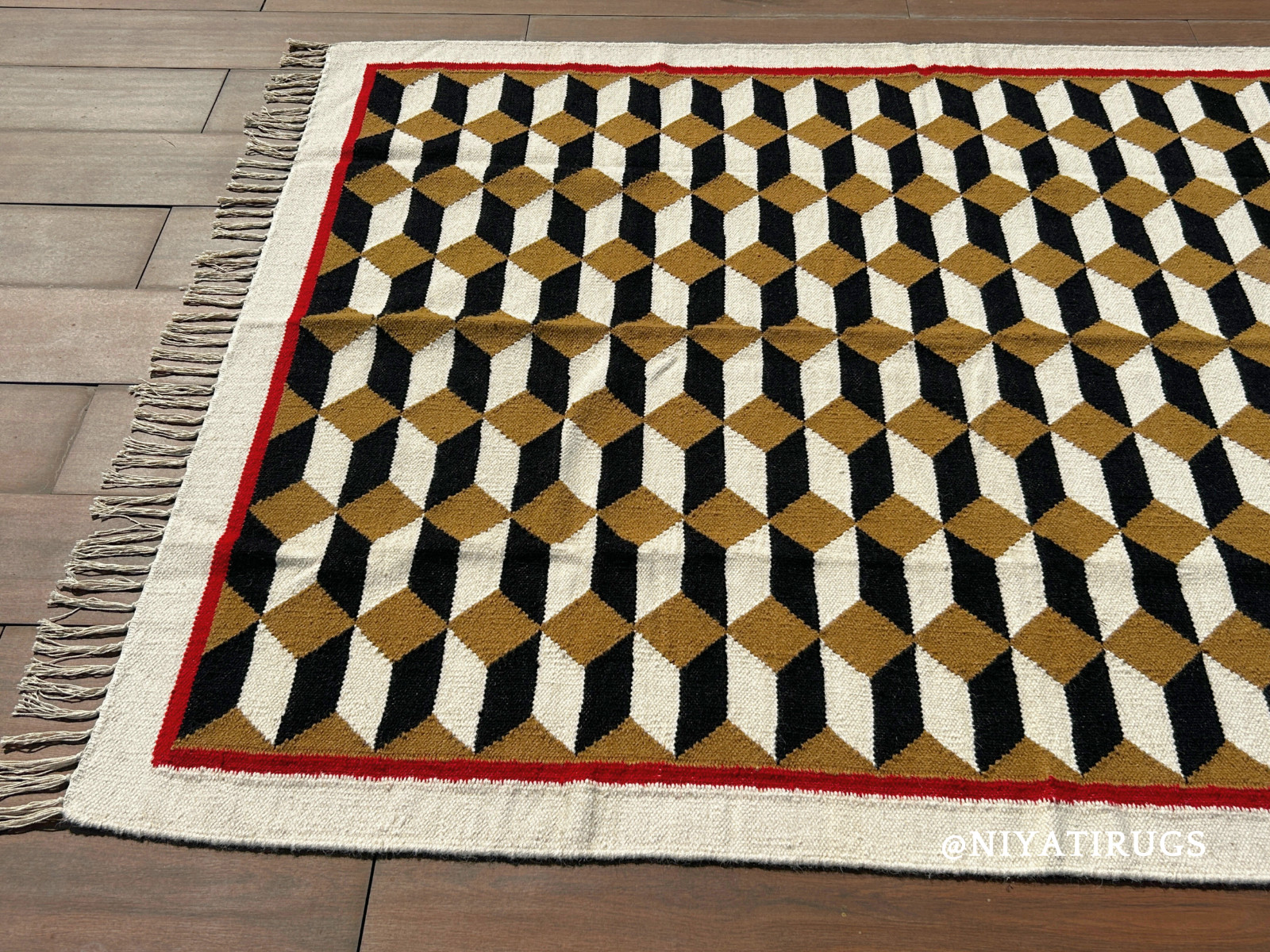 Swedish Wool Rug 100% Handwoven Geometric Ivory Beige Black Mid Century Area Rug