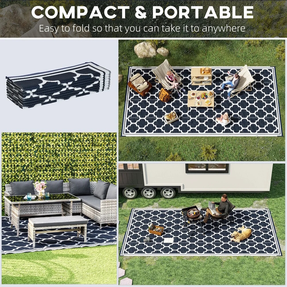 Navy Blue White Trellis 9 x 18 ft RV Mat Reversible Rug Foldable Outdoor Patio