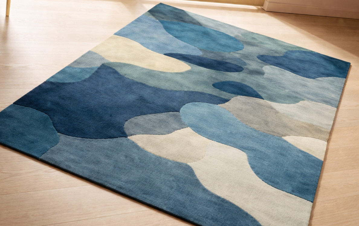 Ocean drift abstract blue & ivory modern art area rug for contemporary living .