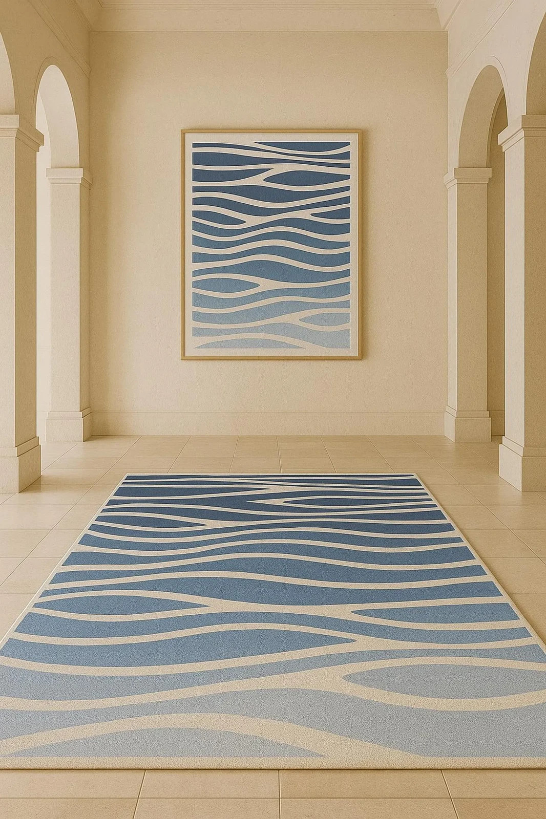 Hand-Tufted Wave Design Rug – Blue & Ivory | Modern Coastal Style | Soft Wool