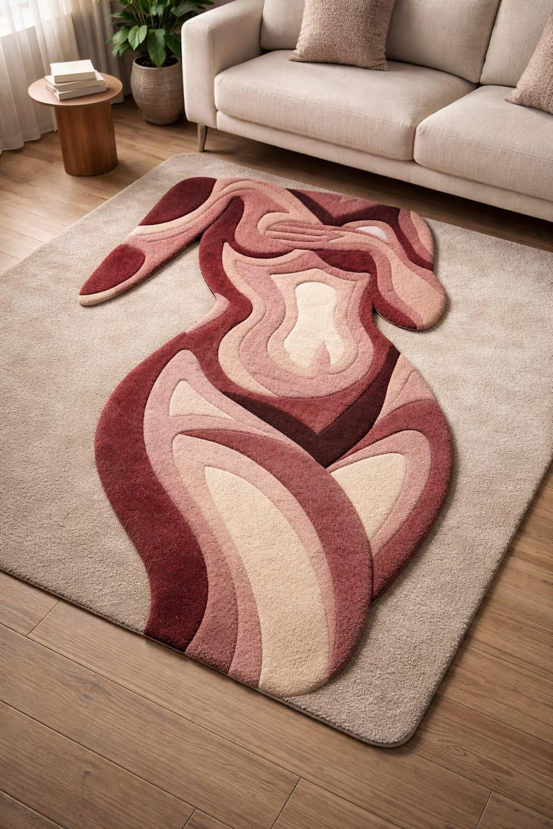 Hand Tufted Wool Rug, Abstract Sculptural Design, Pink Burgundy Beige Area rug