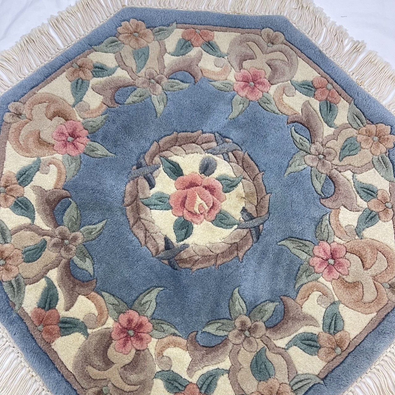3x3FT Handmade Octagonal Chinese Area Wool Rug Flowers Fringe Vintage 70s