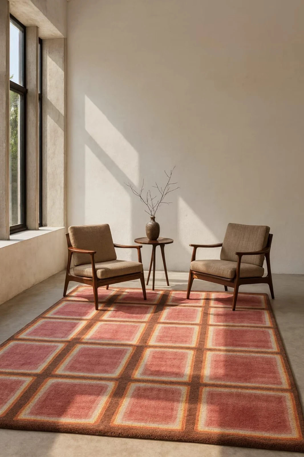 Retro 70s Geometric Rug Terracotta Orange Mid Century Hand Tufted Wool Carpet