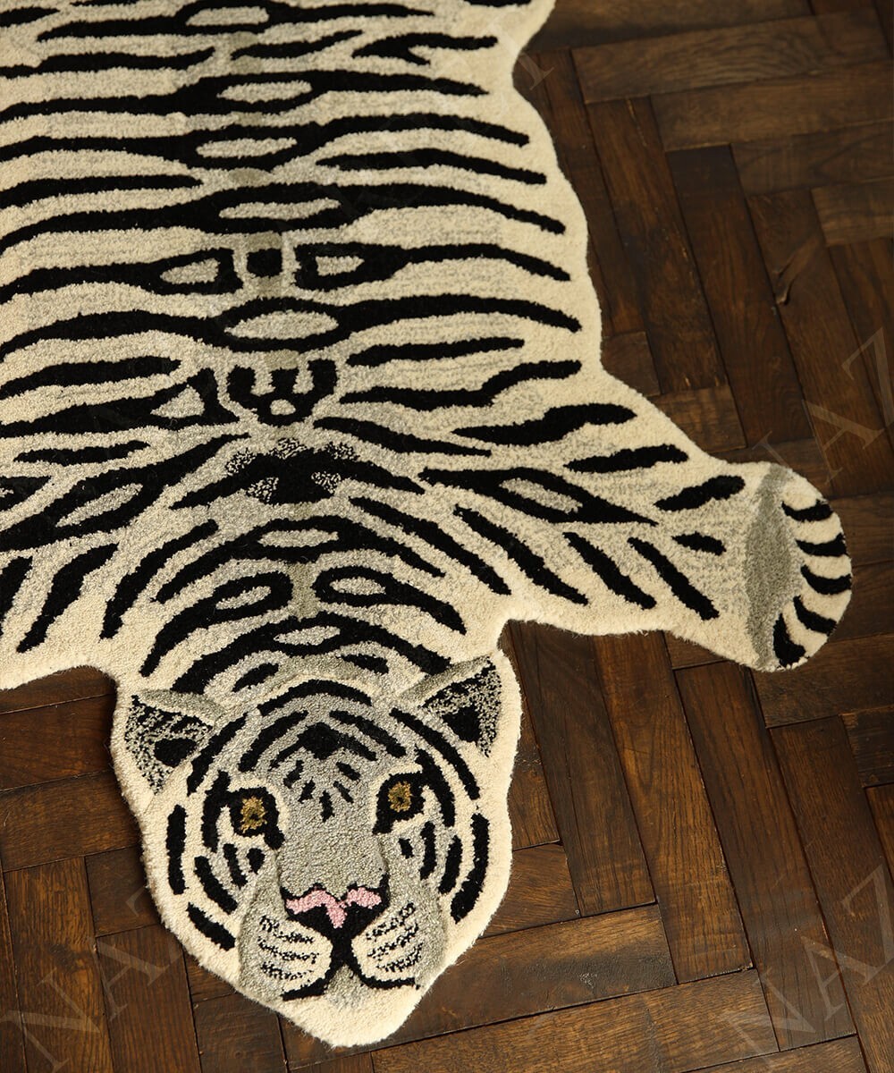 Naz Carpet Hand-Tufted Animal Rugs Collection | 100% Wool White Tiger