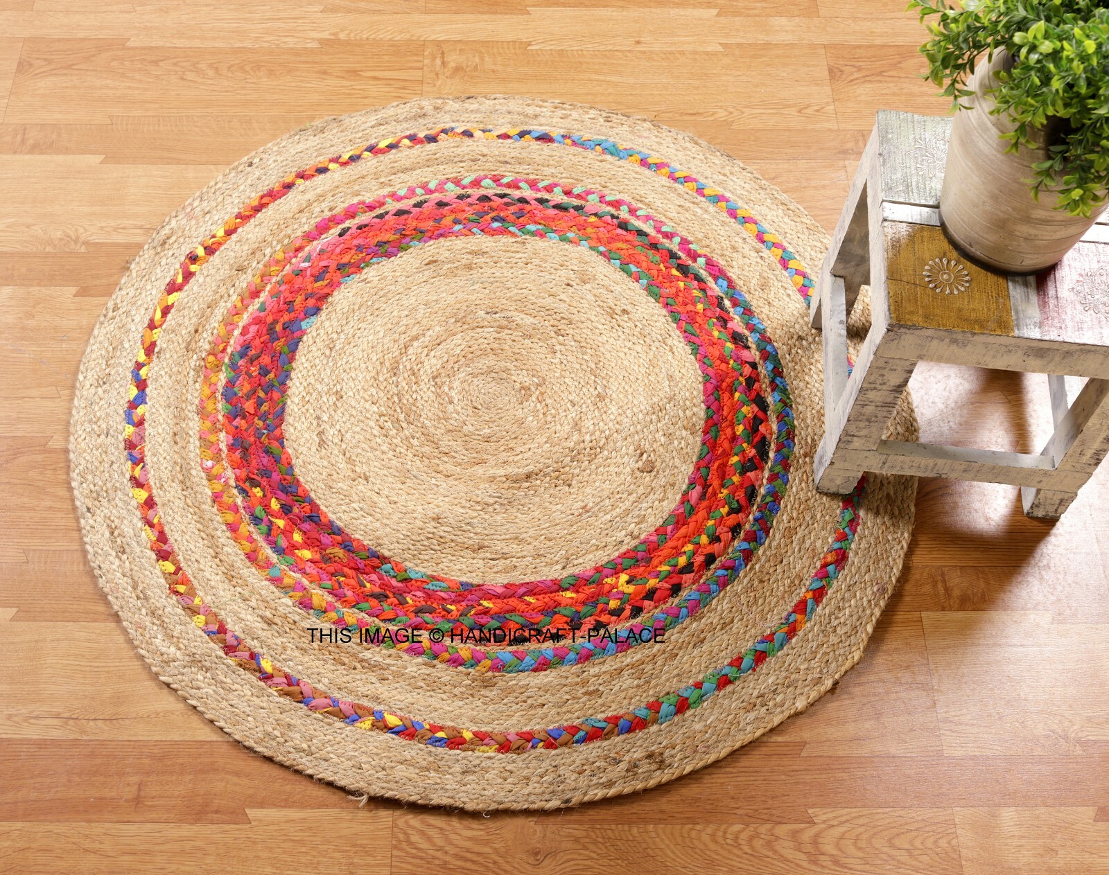 Handmade Round Vintage Braided Rug Jute & Cotton Reversible Area Rug 3′ (97 cm)