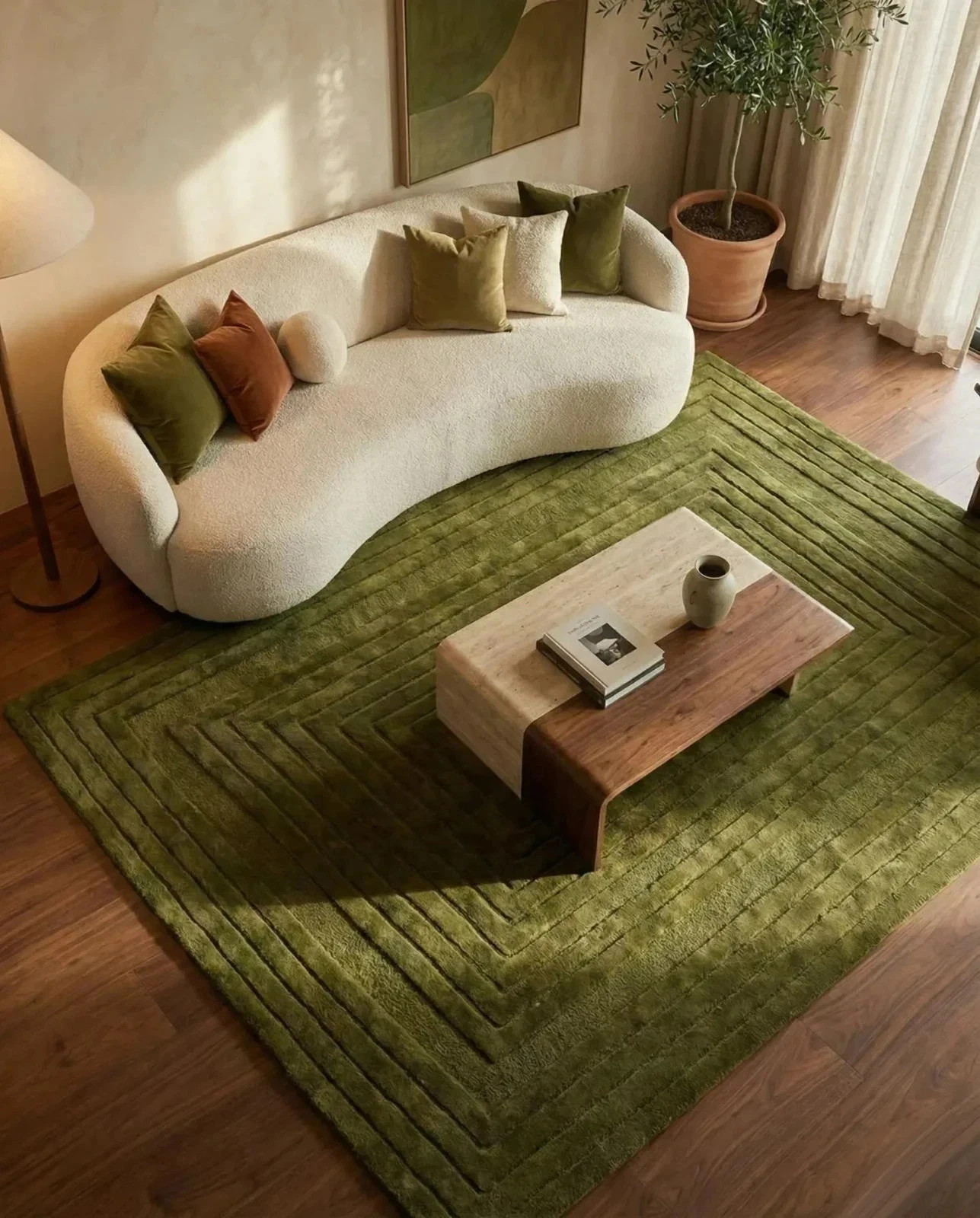 Olive Green Hand Tufted Rug Bordered pattern, Handmade Wool Rug, Contemporary