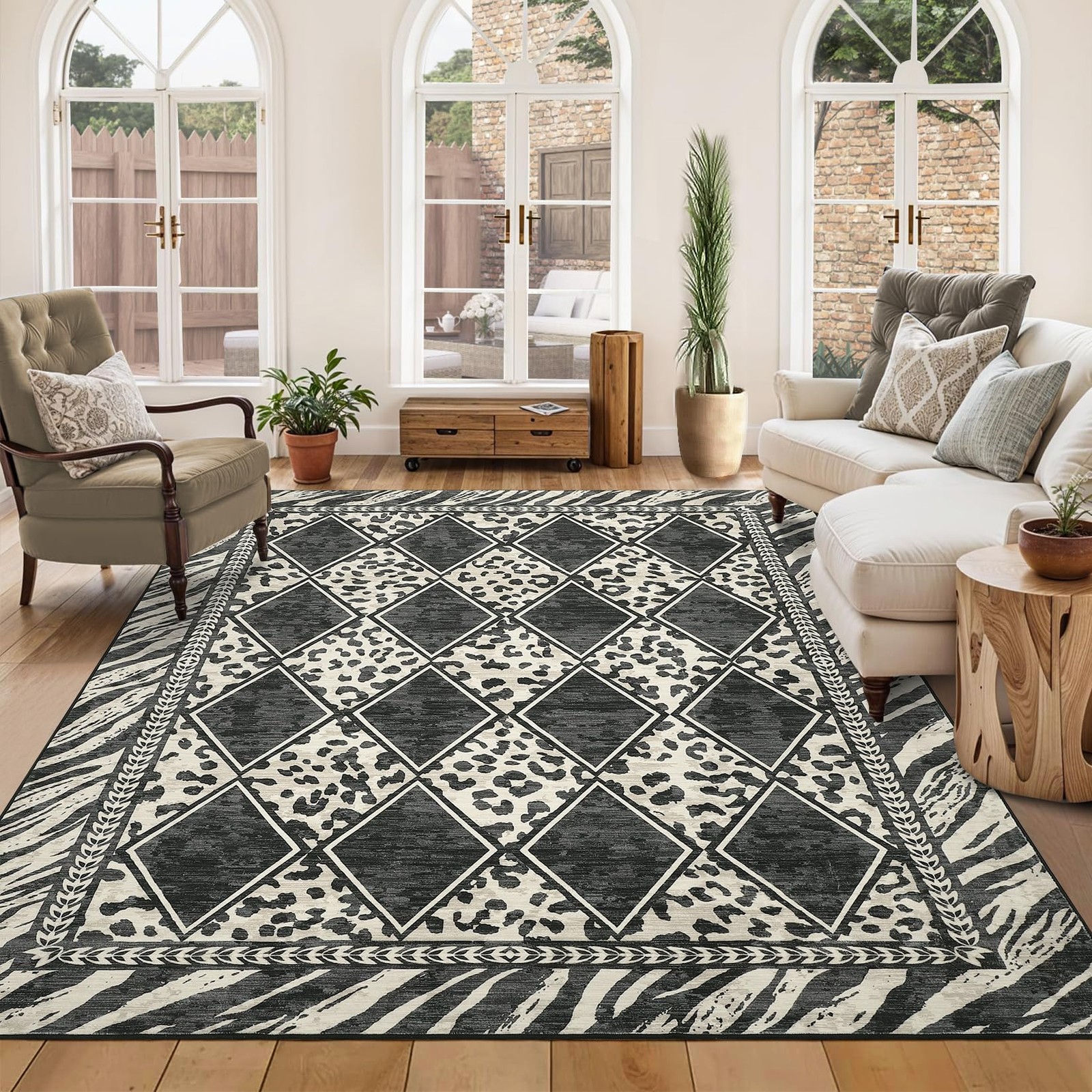 Checkered Area Rugs for Living Room 5×7 Washable, Soft Checkered Leopard Prin…