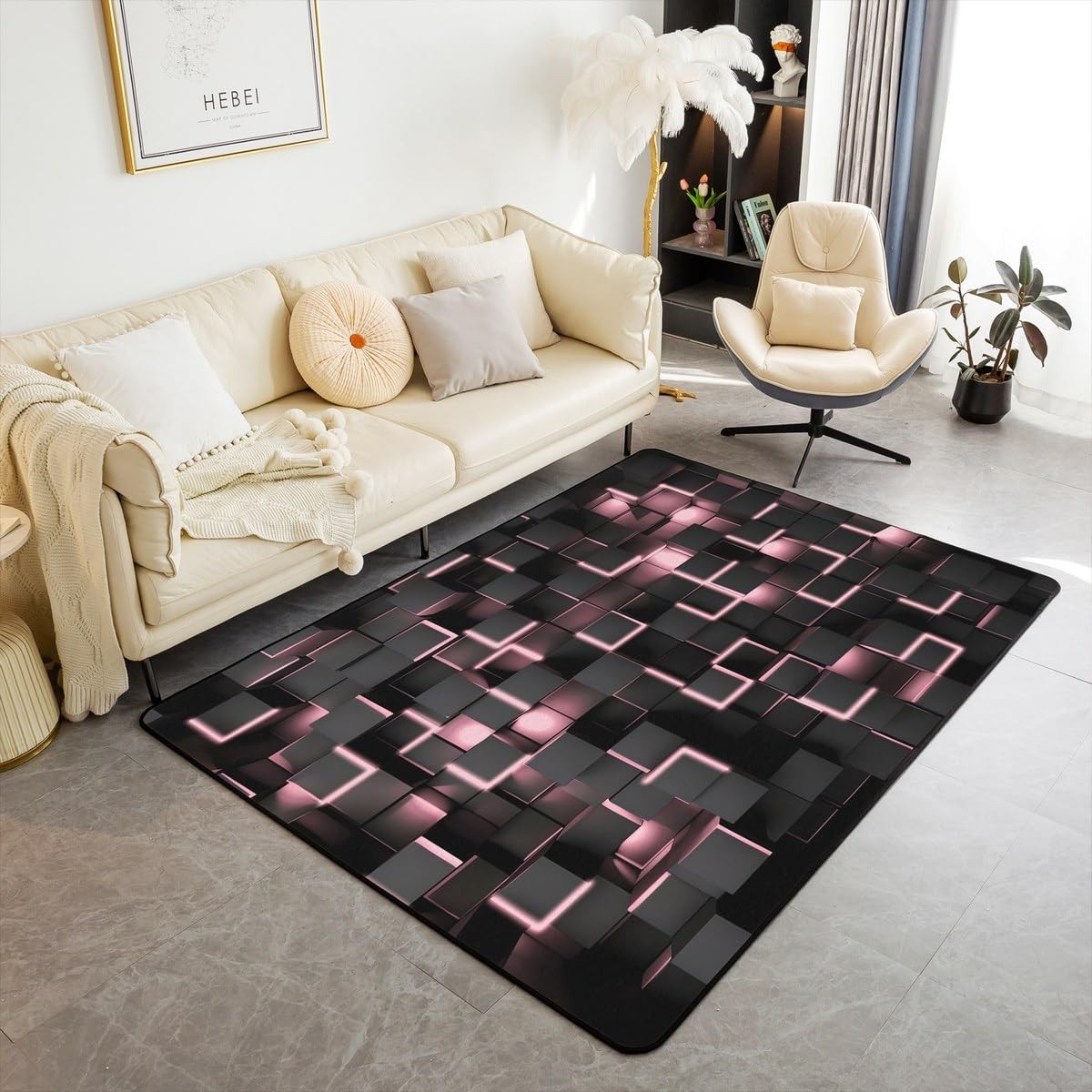 Pink and Black Rugs for Living Room Bedroom 3×5 Light Geometric Area Rug for …