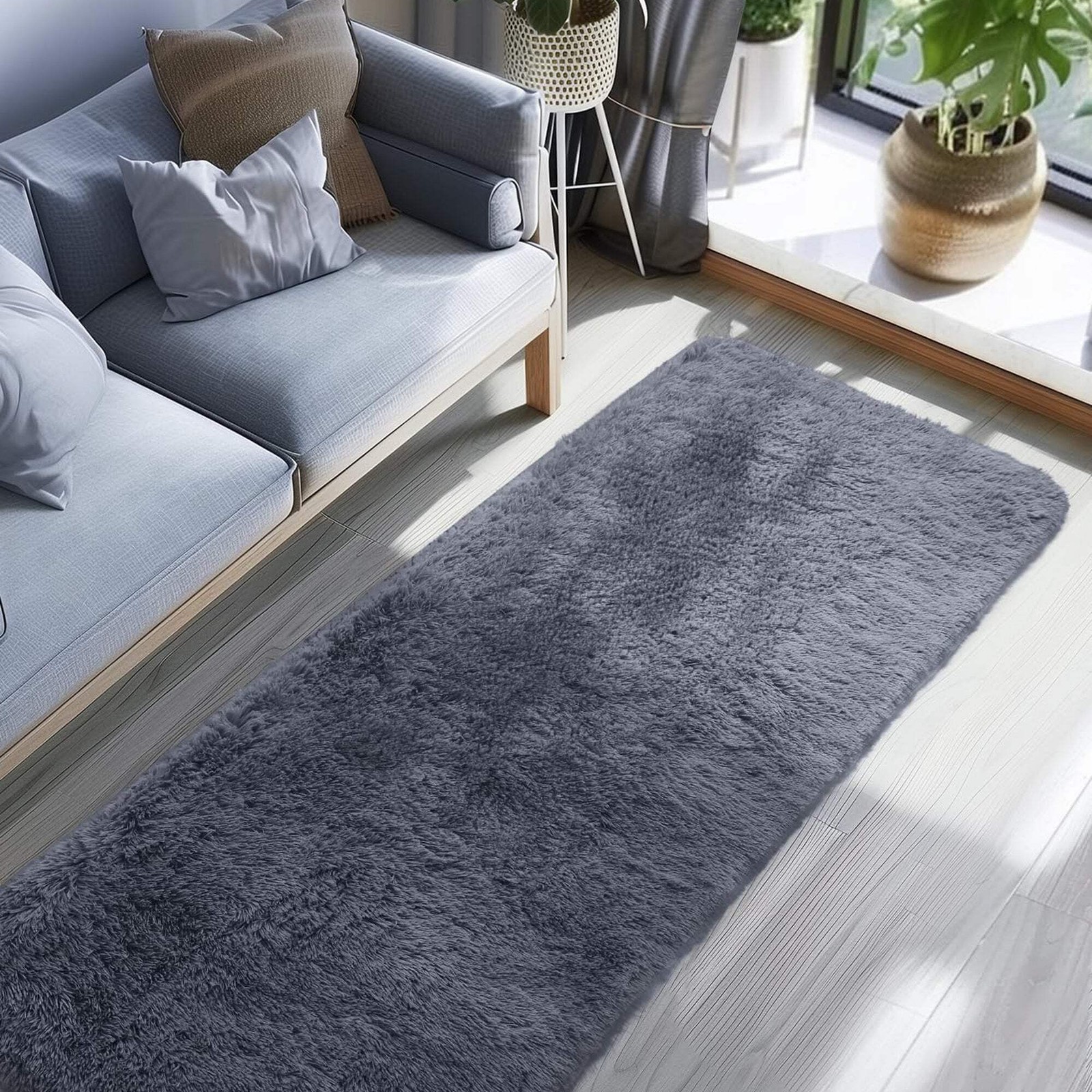 Ophanie Grey Fluffy 2×6 Runner Rug Non Slip Shag Carpet Hallway Bedroom Nursery