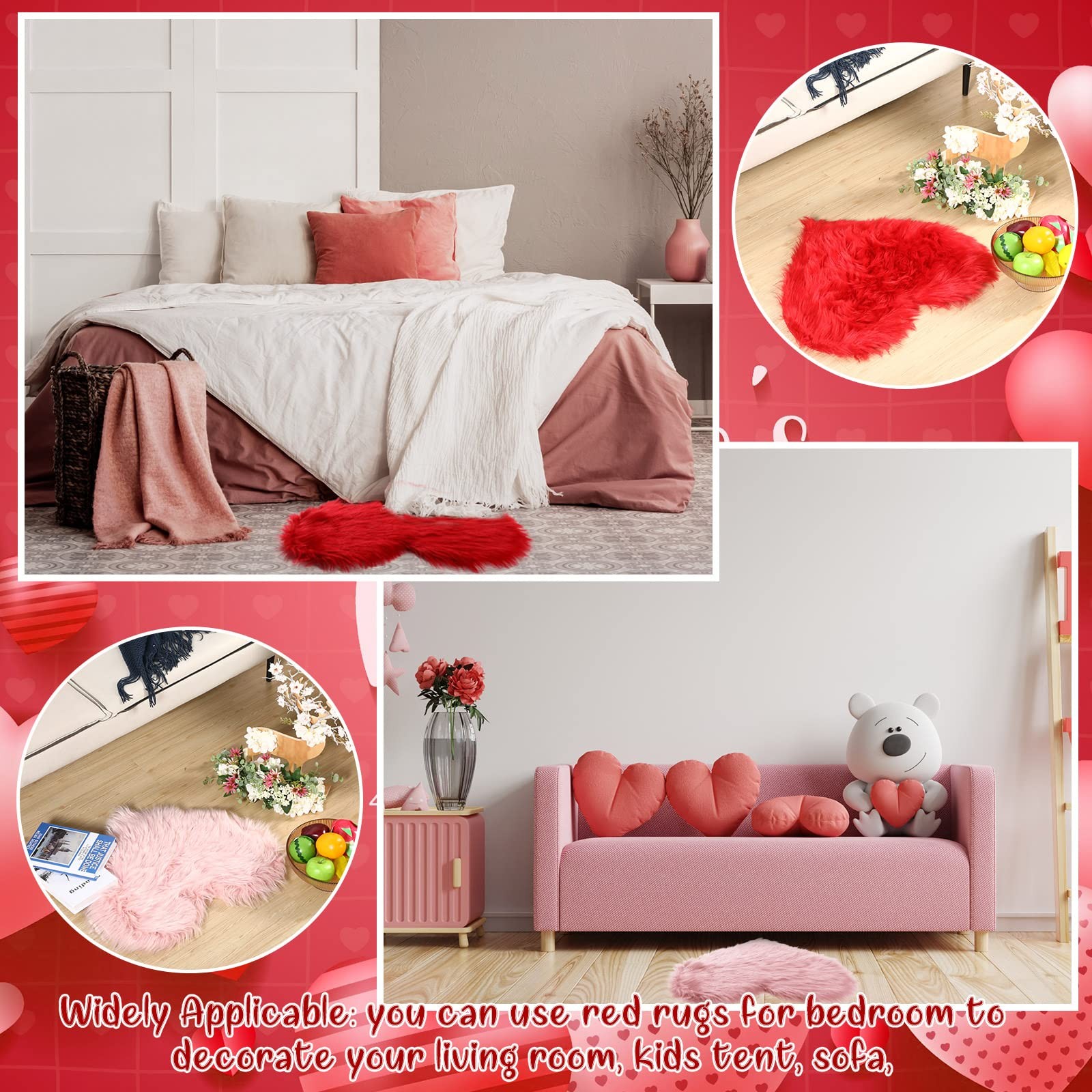 2 PCS Valentine’s Day Heart Rug 1.64×2 ft Red Pink Fluffy Fur Carpet Rugs