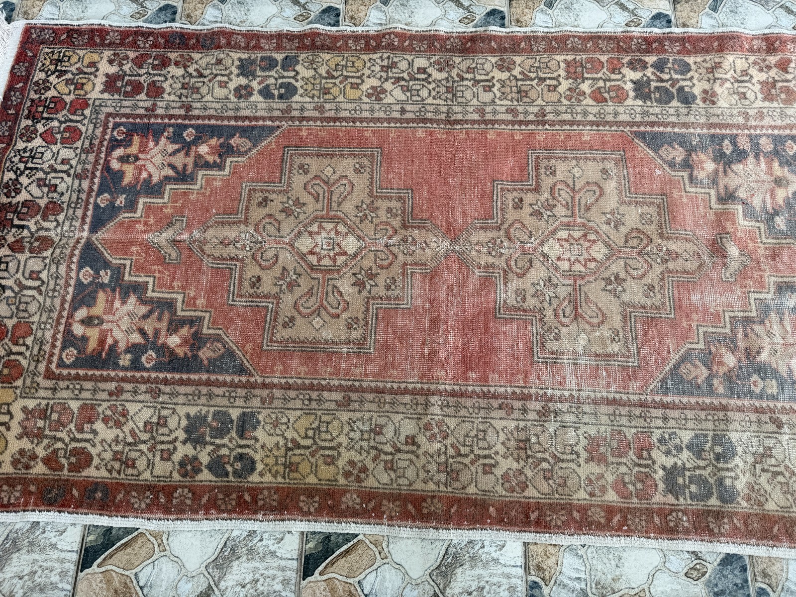 1970s Vintage Turkish Oushak Rug, Tribal Handmade Geometric Area Carpet 4×8 ft