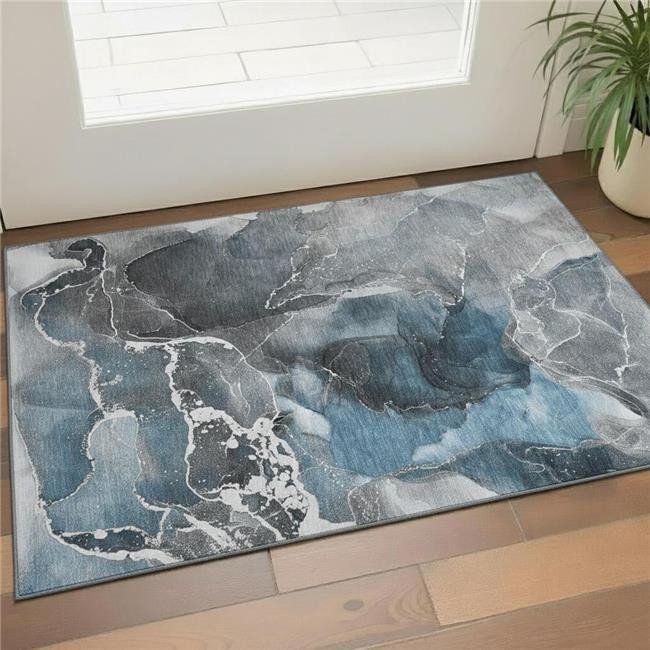 3×5 ft. Blue & Charcoal Abstract Washable Machine Made Rectangle Area Rug wit…