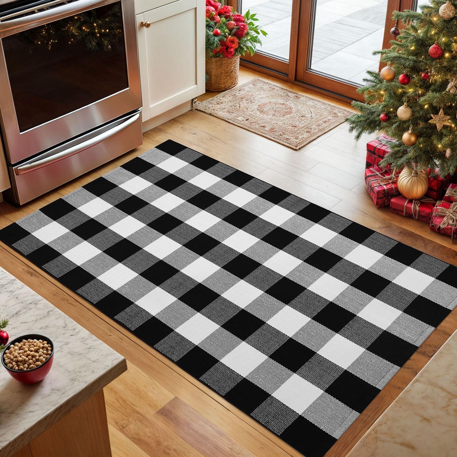 Buffalo Plaid Area Rugs 3×5 Ft Black and White Checkered Rug Washable Front D…