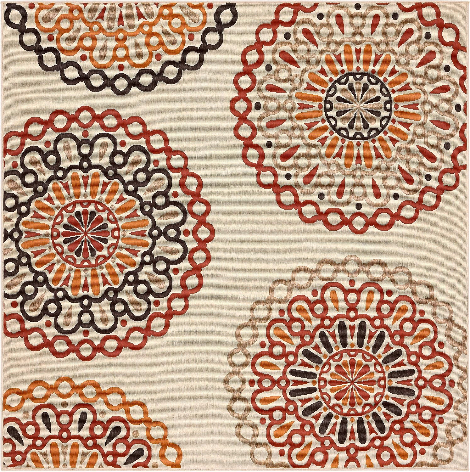 SAFAVIEH Washable Rug Outdoor Veranda Collection – 6’7″ Square, Cream & Red, Non