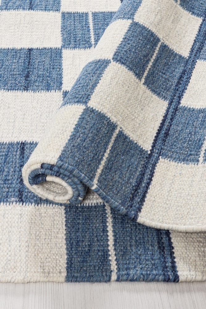 Blue Scandinavian Swedish Kilim Tile Rug Handmade Flat weave Boho Large Area Rug