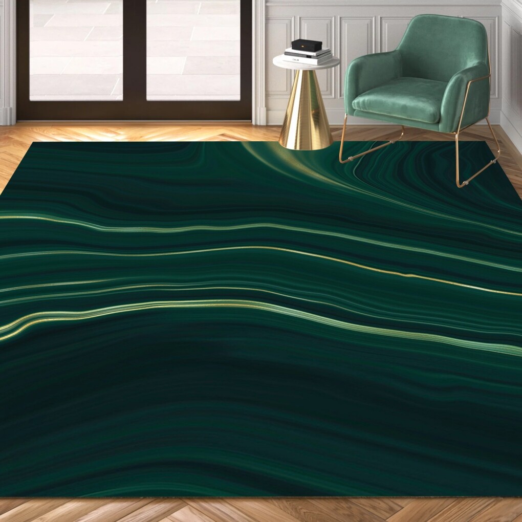 Emerald Green Abstract Marble Pattern Square Rug Modern Cozy Thin Indoor Carpets