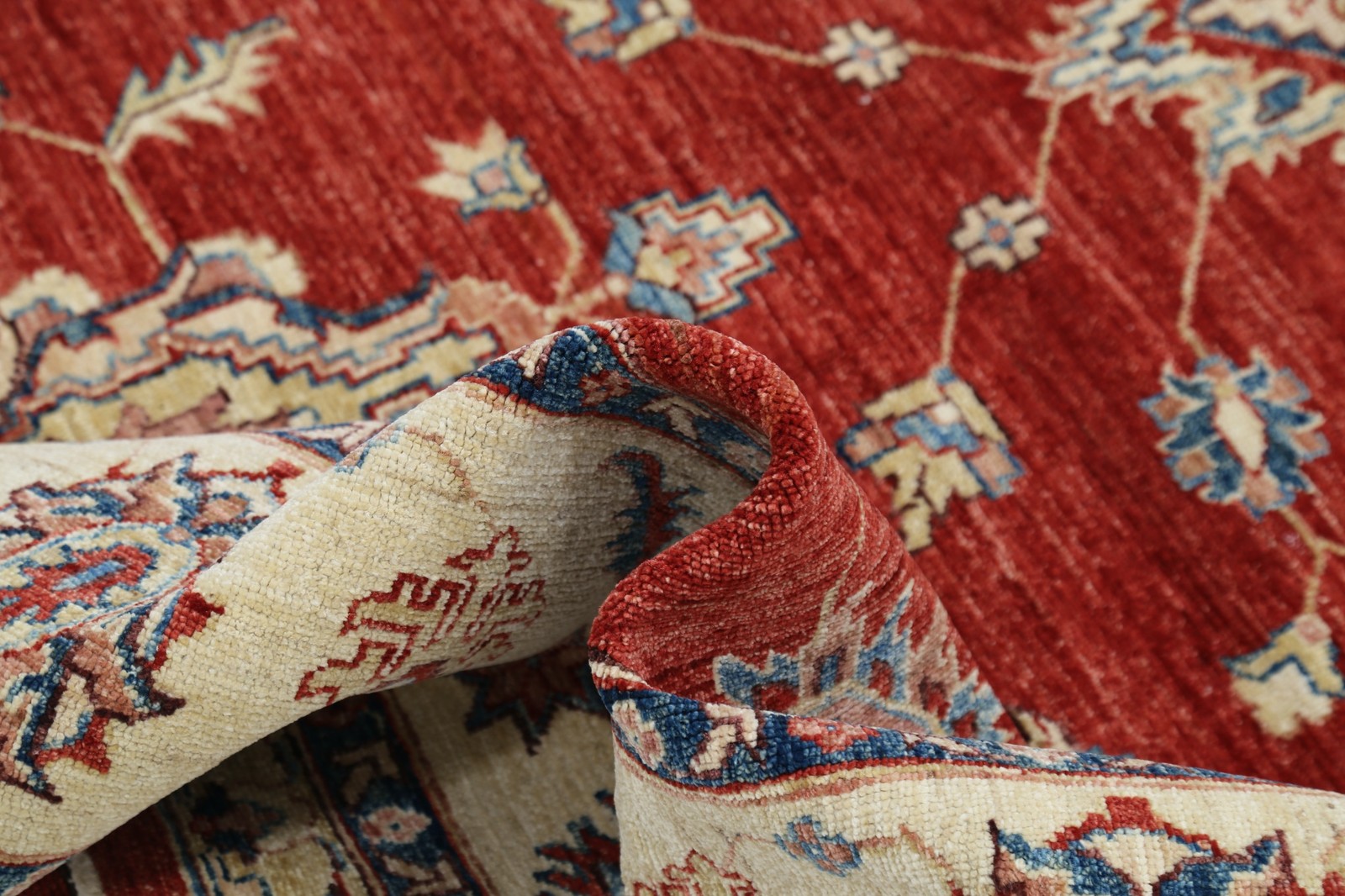 8.4×11.5 ft Handmade Area Rug in Red and Beige. Floral Patterned Wool Carpet