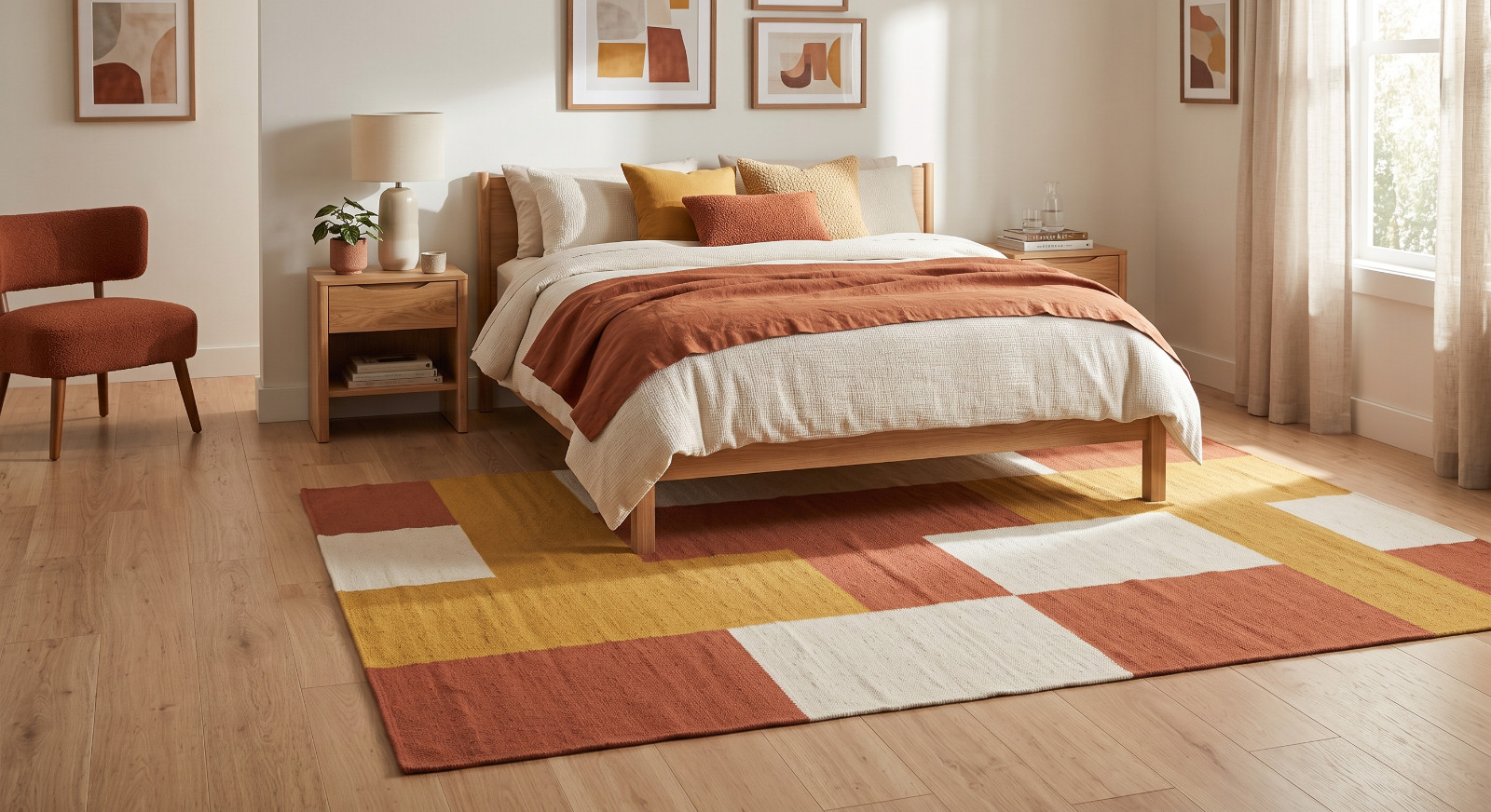 Handwoven Area Rug, Abstract Geometric Terracotta & Mustard Yellow Rug