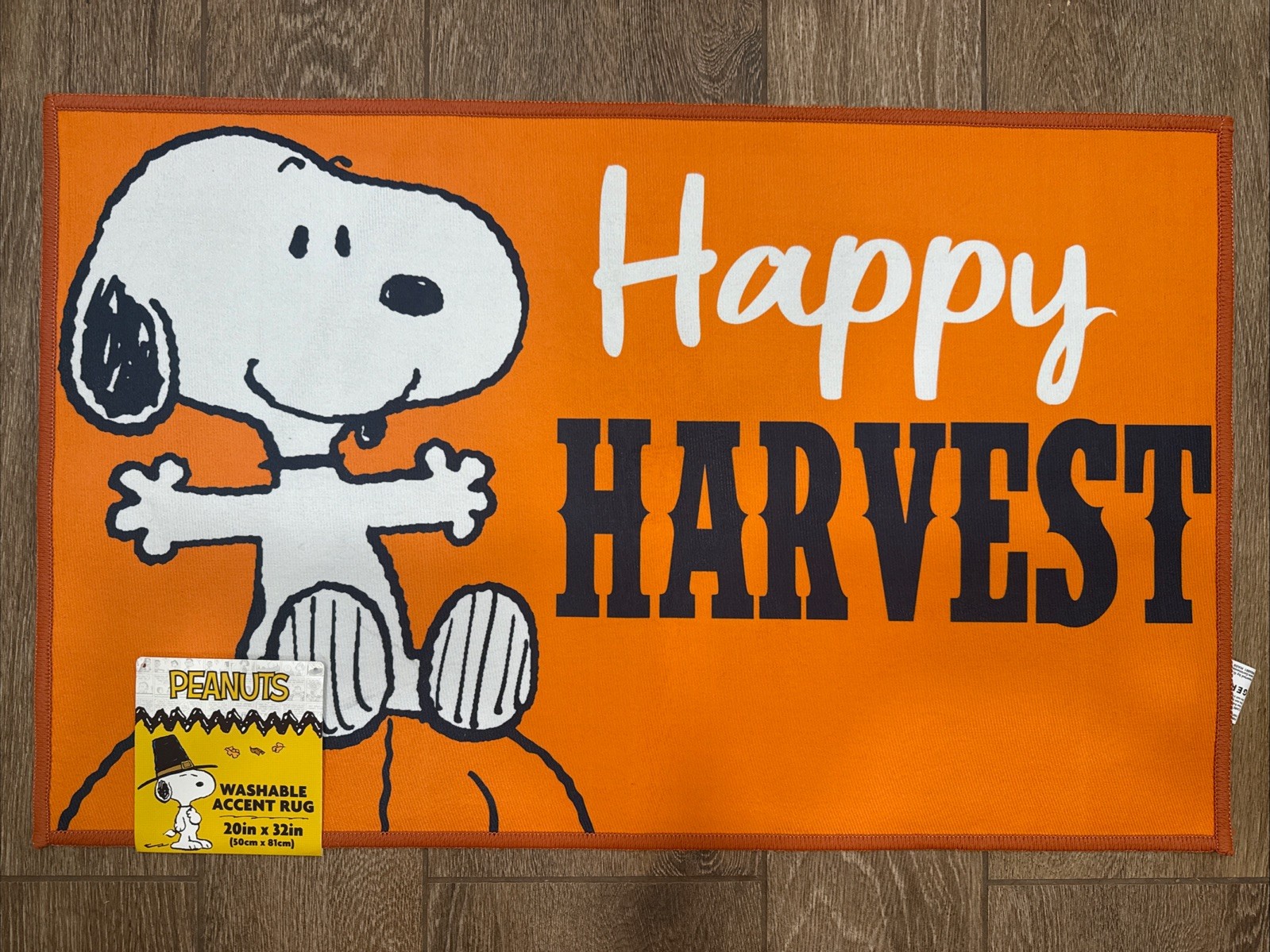 Peanuts Snoopy 32”x20” HAPPY HARVEST Pumpkin Orange Washable Accent Rug NEW