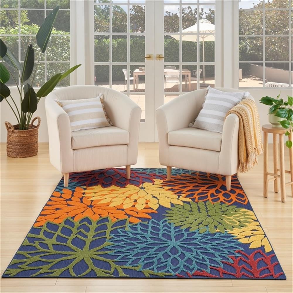 Pemberly Row Washable 42×66″ Outdoor Polypropylene Fabric Rug – Blue/Multi-Color
