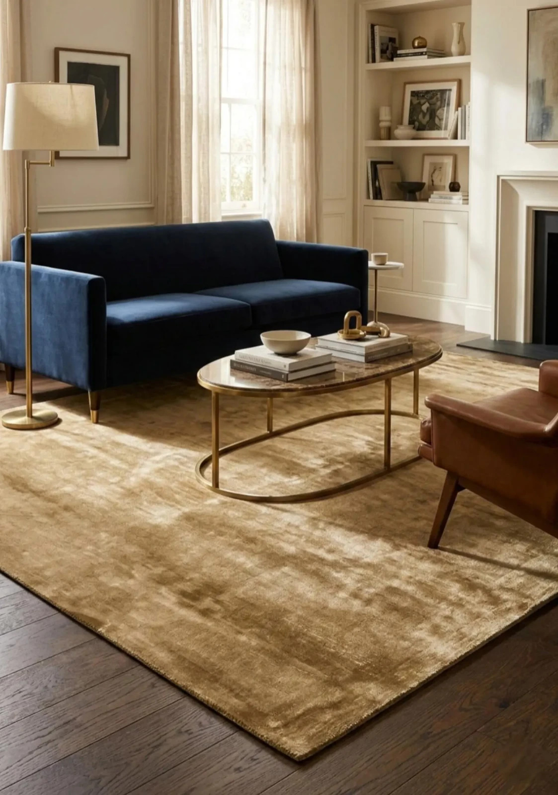 Gold Viscose Silk Rug, Solid Beige Area Rug, Handmade Soft Living Room Carpet