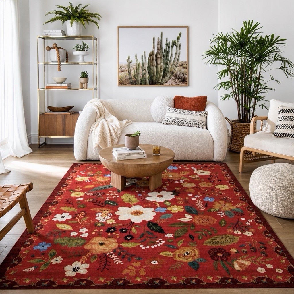 NEW Anthropologie Red Floral Boho Vintage Multicolor Area Rug Carpet – 5′ x 7′