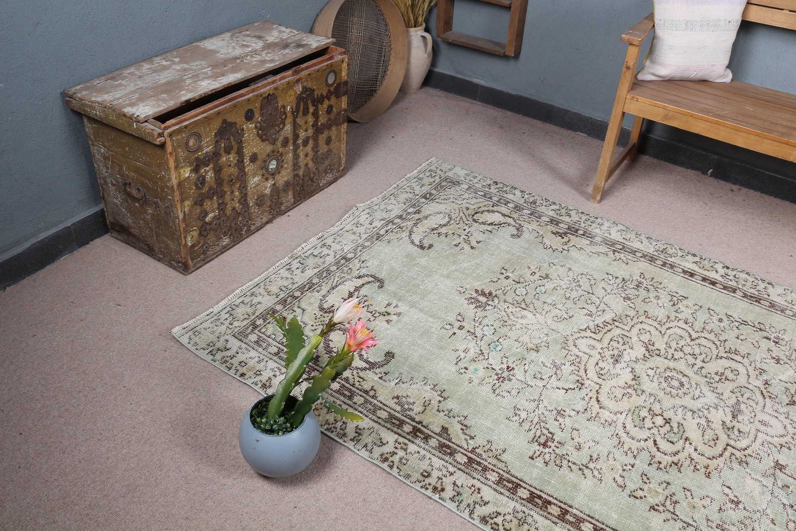 Vintage Rug, 4,6×7,8 ft Turkish Rug, Green Abstract Wool Rug