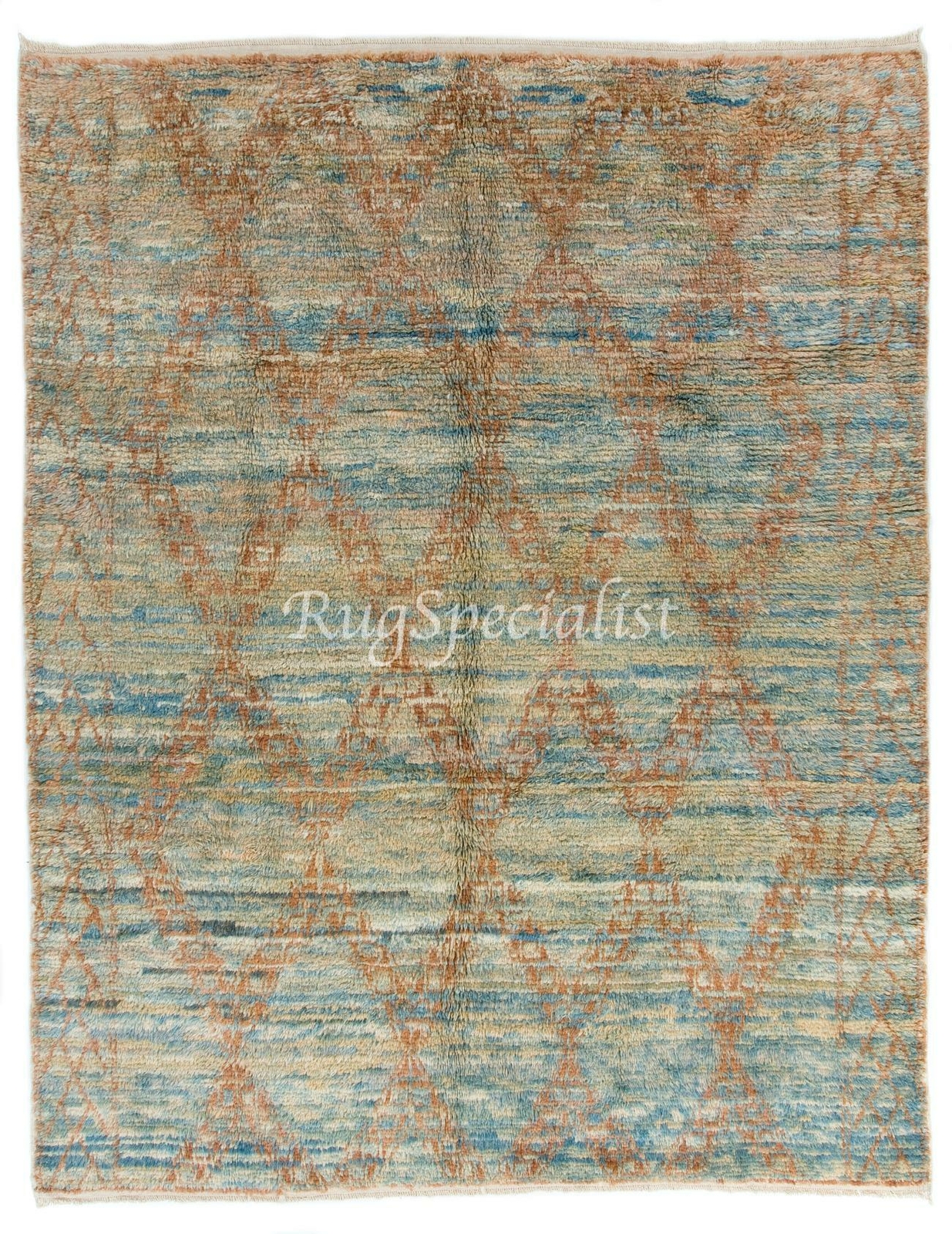 Contemporary Handmade Moroccan Berber Wool Rug in Light Blue and Rust Color