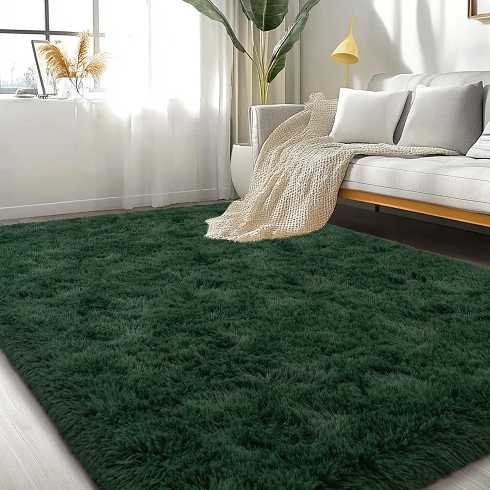 Large Area Rugs for Living Room Bedroom, 4×6 Feet Dark Green Fluffy Shag Rugs…