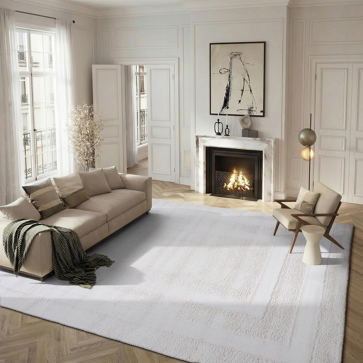 Florida Shag Area Rug 6′ x 9′ – Creme, Non-Shedding, Easy Care, Thick Design