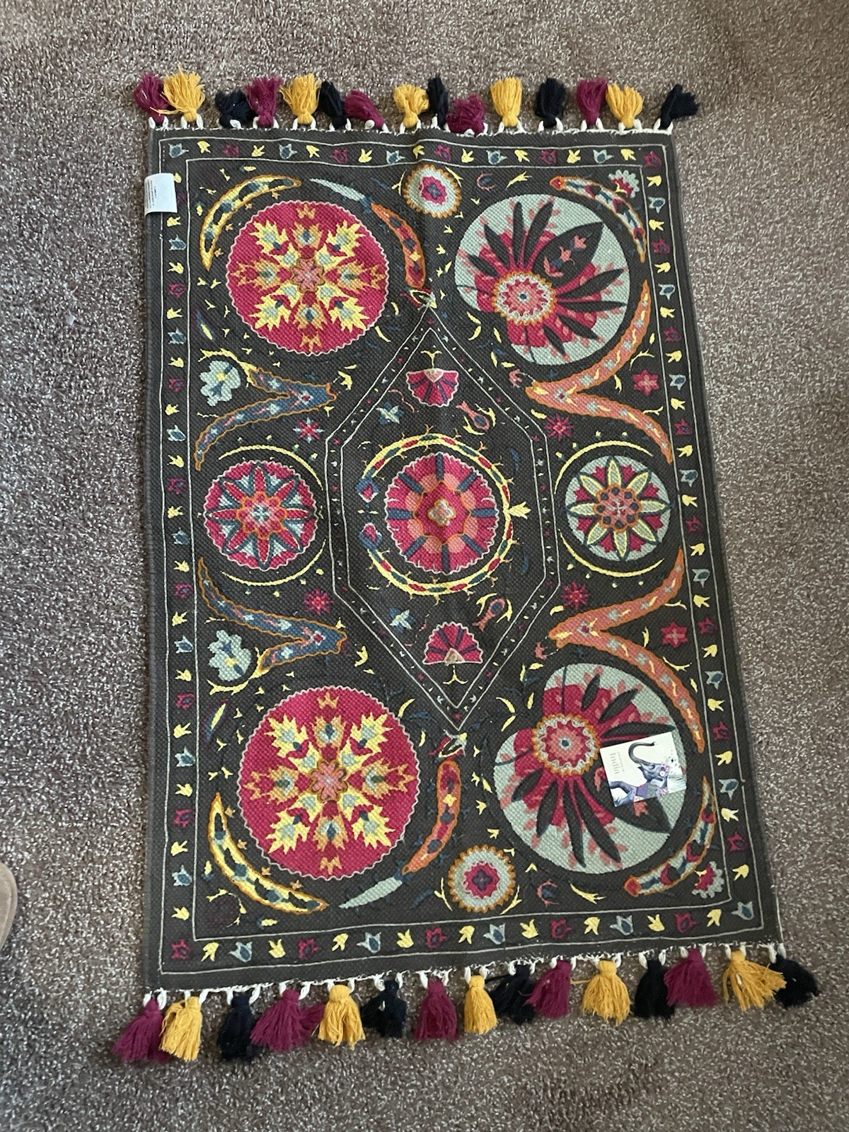 Indian Accent Rug 27″x42″ Boho Decor Embroidered Sunburst Mandala Wall Art
