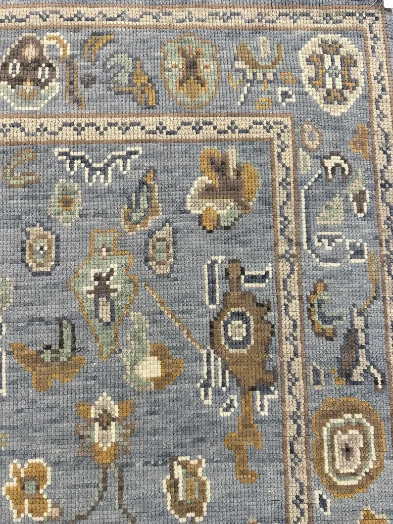Hand Knotted Oushak Wool Rug Light Blue Beige Brown Floral Room Size