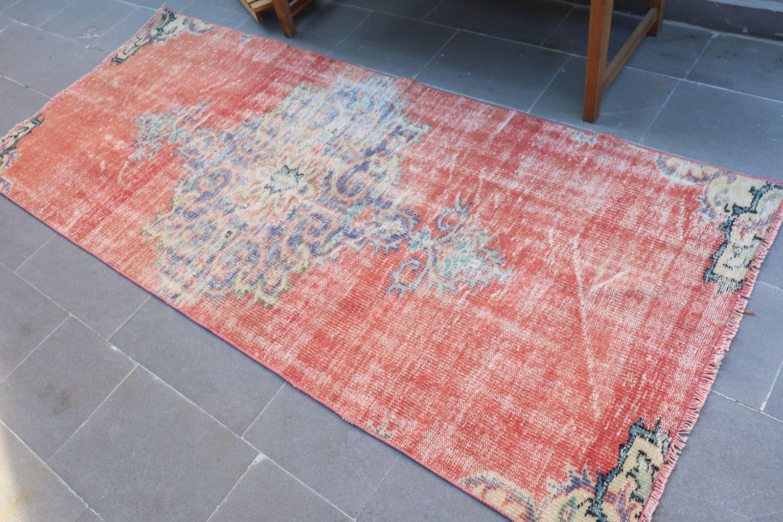 Vintage Turkish Rug, 3,4×7,8 ft Area Rug, Red Blue Camouflage Wool Rug