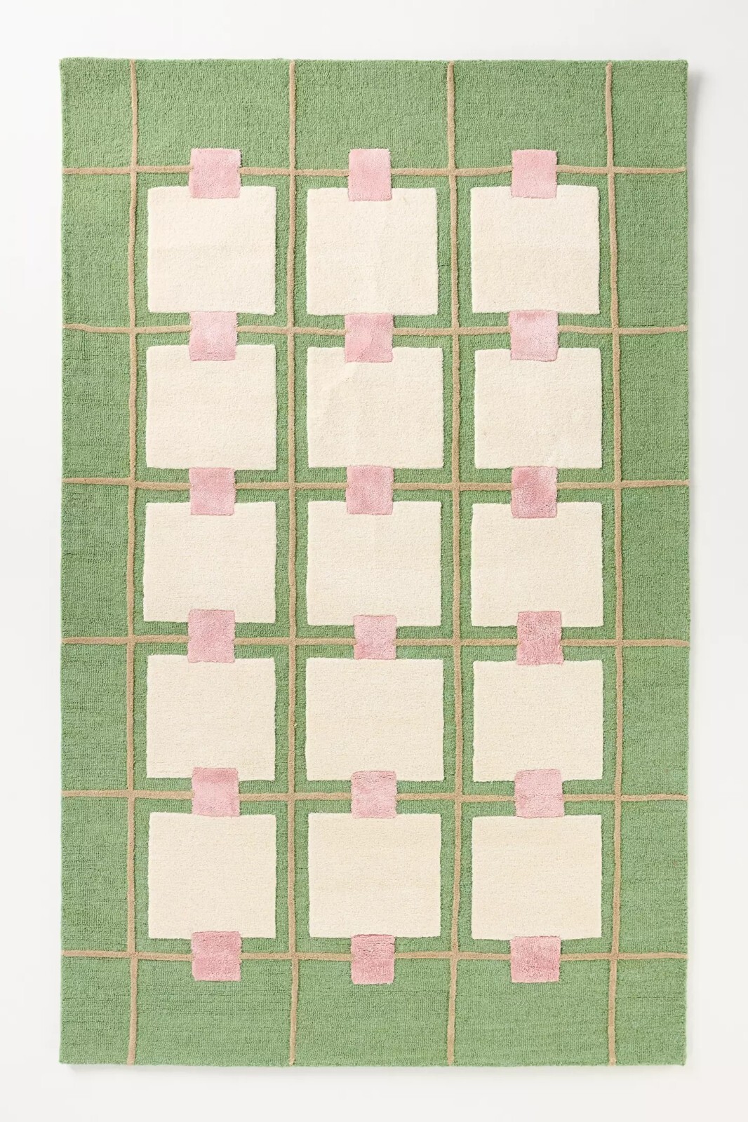 Wool Viscose Blend Tufted Area Rug Greer Geometric Handmade Green Pink Ivory